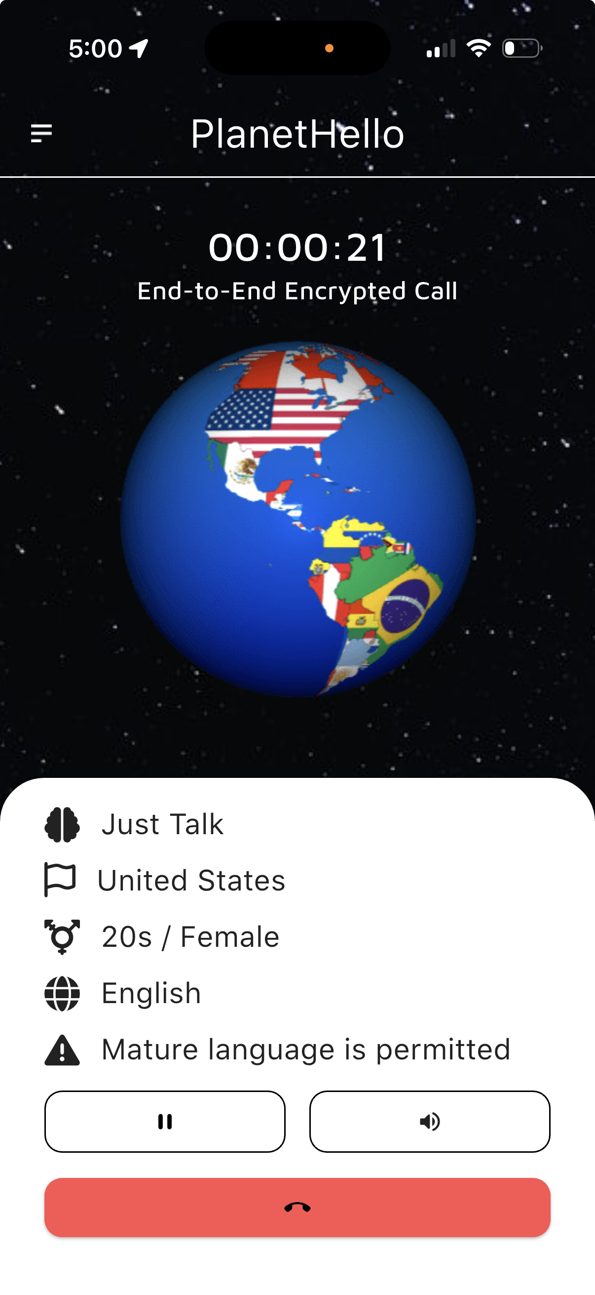 App screen showing an active voice call with a globe, call timer, and the other person's language and age range
