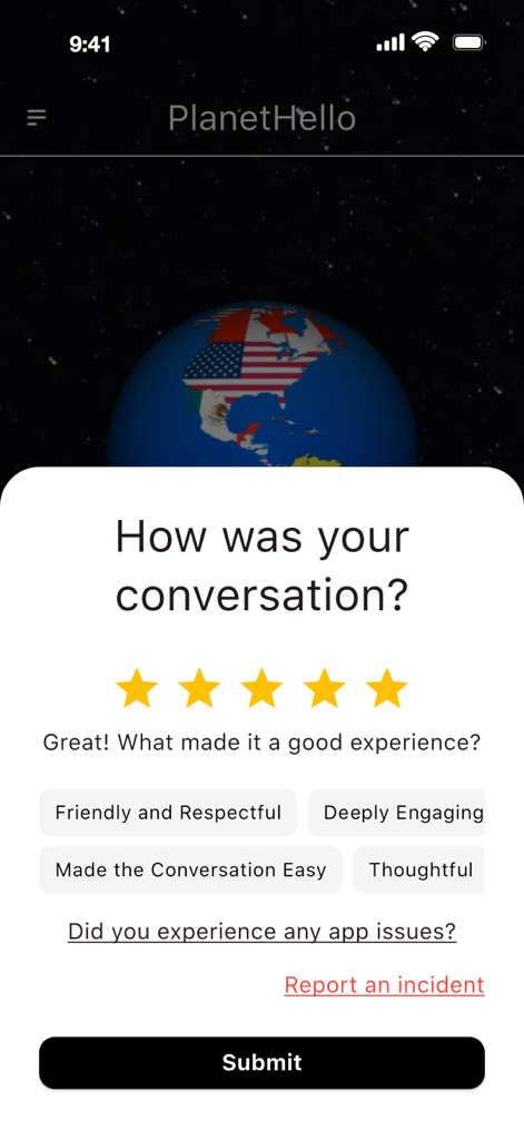 App screen asking how was your conversation, with a five-star rating and feedback options
